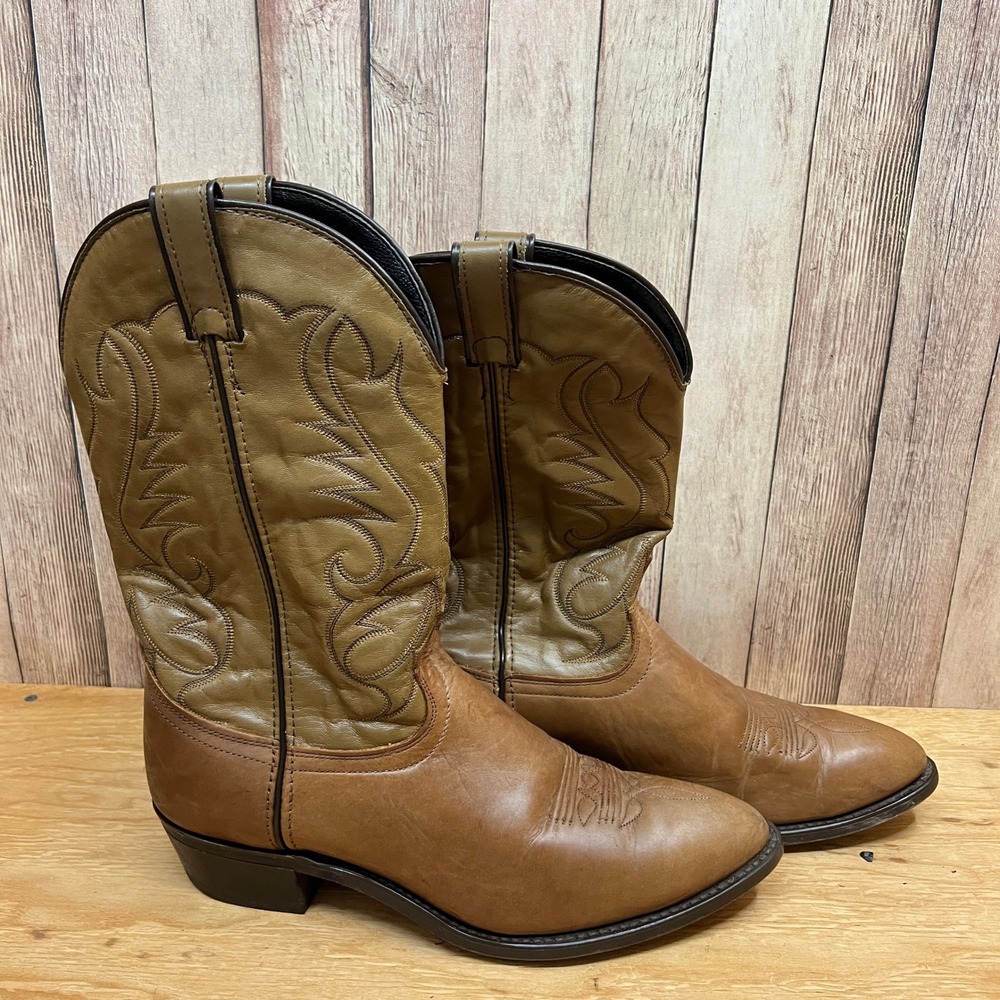 Laredo Mens Leather Cowboy Boots Two Tone Brown Tan Size 11 EE Style 2573 USA